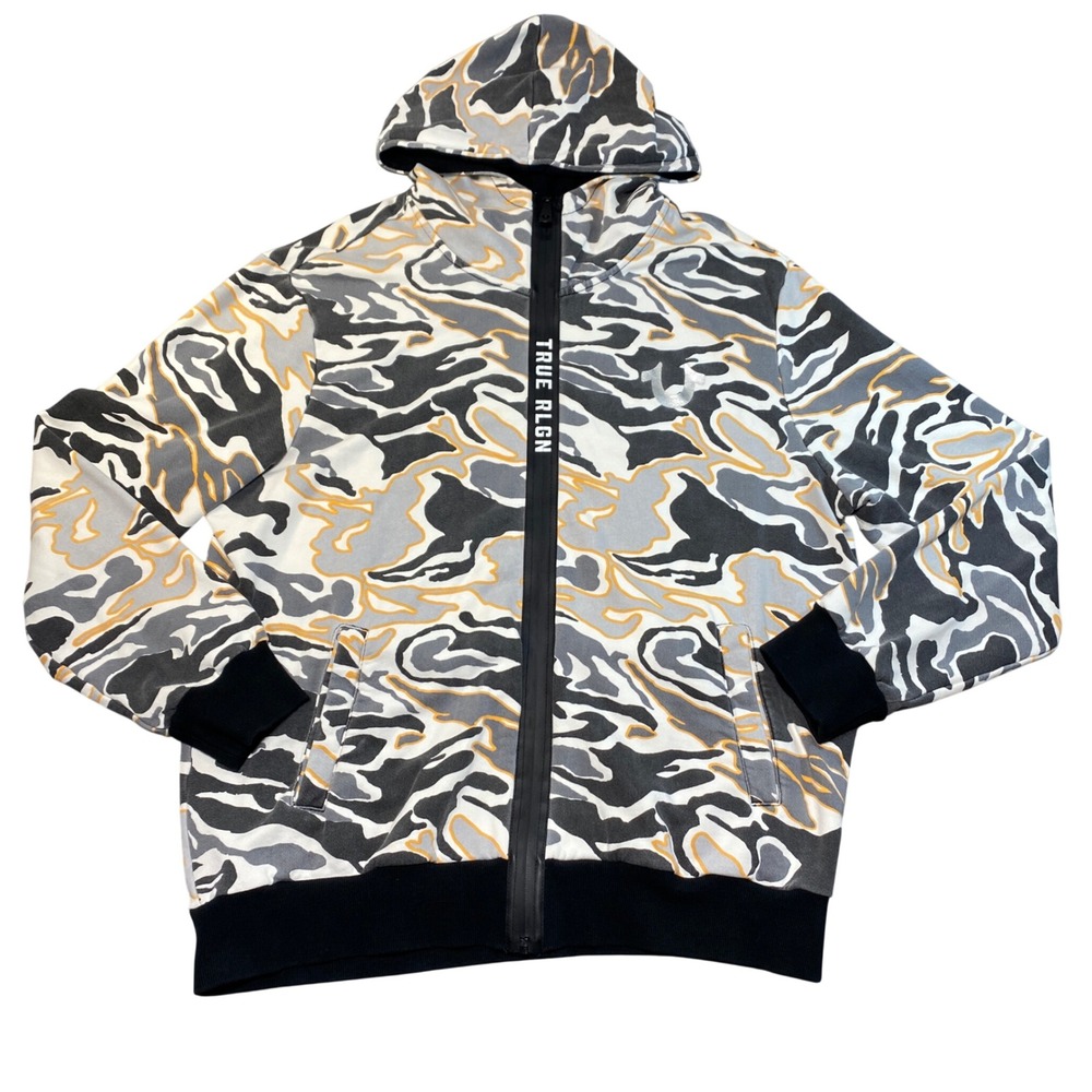 True Religion Mens Camo Swirl Full Zip Hoodie Black Gray XL